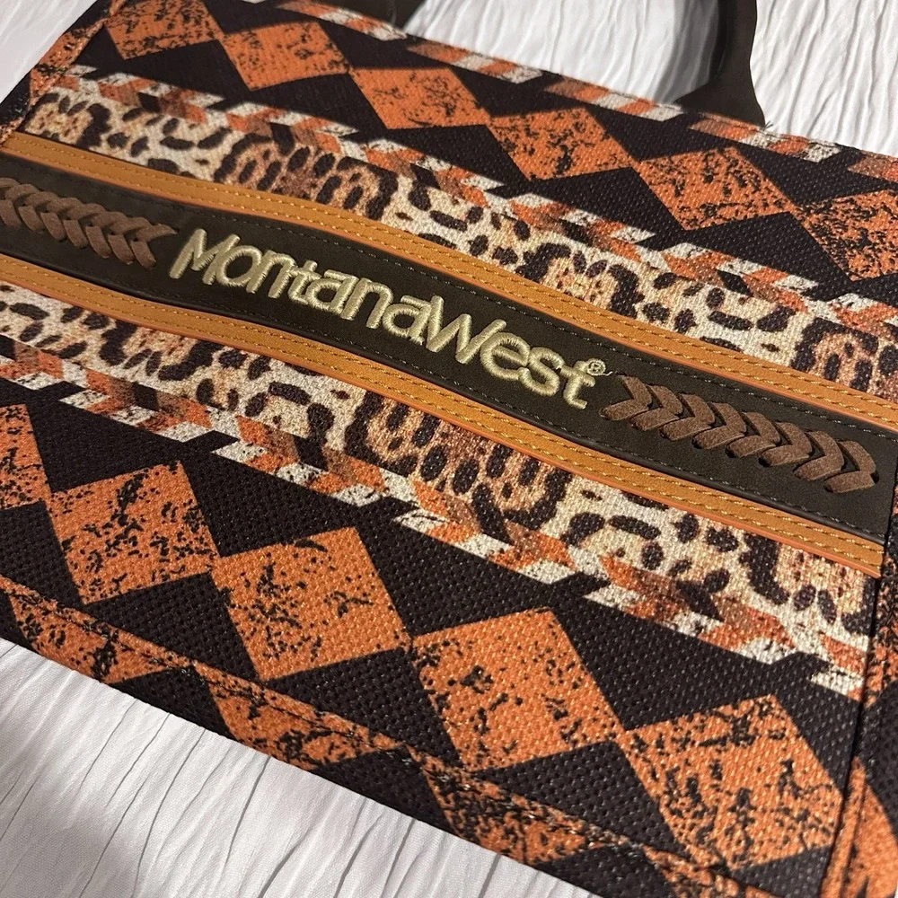 Montana West‎ Southwestern Leopard Accent Tote Bag Rust Black Western Purse NWT